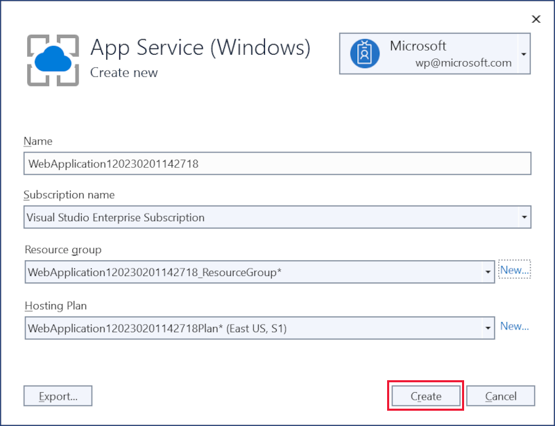 “创建应用服务”对话框