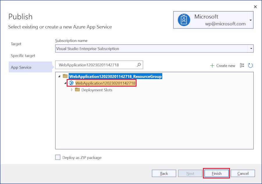 “发布”对话框：选择“应用服务实例”