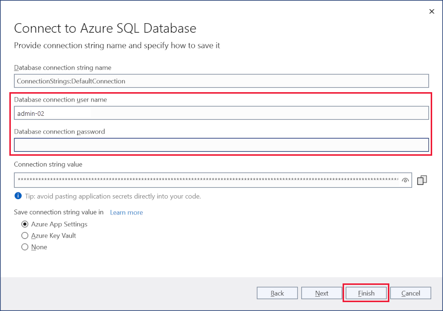 配置 Azure SQL 数据库对话框，连接字符串详细信息