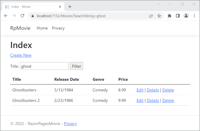 显示标题筛选器文本框中键入了 ghost 一词的索引视图