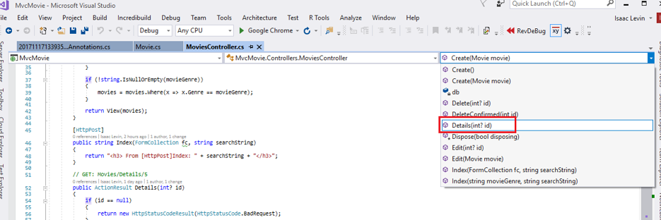 显示电影控制器点 c 选项卡的屏幕截图。在“创建”下拉菜单中，“详细信息”以红色圆圈。