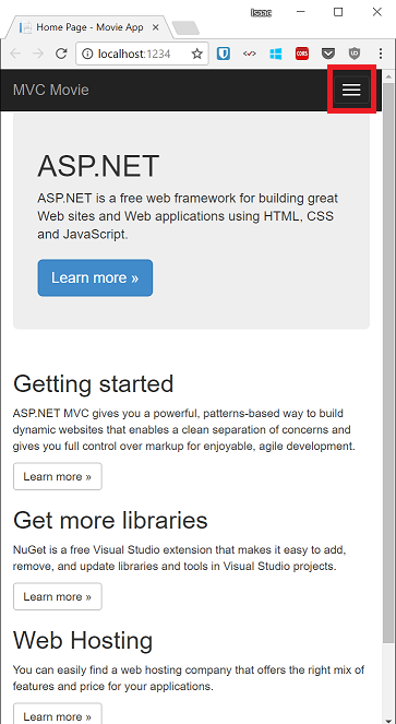 显示较小显示窗口中的 A S P 点 NET 主页的屏幕截图。指示导航菜单的三行用红色圆圈。