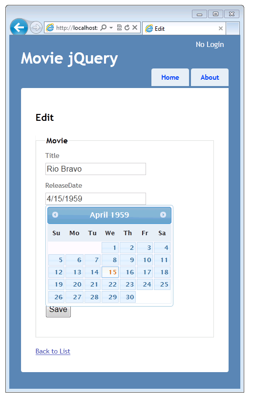 “电影 jQuery”窗口的屏幕截图,其中显示了“编辑”视图以及带有 jQuery UI datepicker 弹出日历的“发布日期”字段。