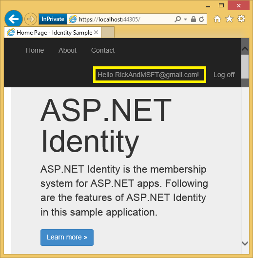 显示 ASP.NET 应用主页的屏幕截图。突出显示了示例 USER ID。