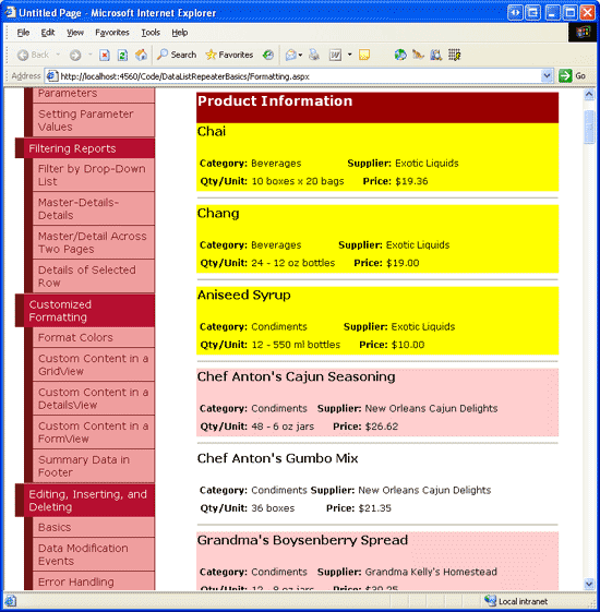 价格低于 20.00 美元的产品中，整个产品项目都被突出显示