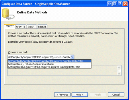 将 SingleSupplierDataSource ObjectDataSource 配置为使用 GetSupplierBySupplierID（supplierID） 方法