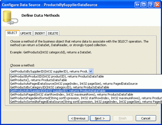 将 ObjectDataSource 配置为使用 GetProductsBySupplierID（supplierID） 方法