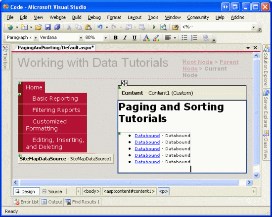 将 SectionLevelTutorialListing.ascx 用户控件添加到 Default.aspx