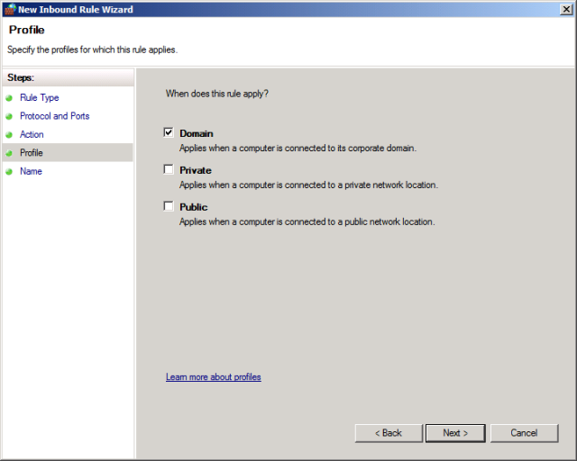 在“配置文件”页上,保留“域”处于选中状态,清除“专用和公共”复选框,然后单击“下一步”。