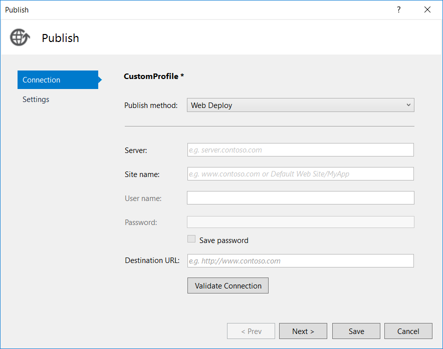 “发布 Web 向导配置文件”选项卡