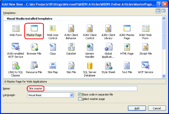 将名为 Site.master 的母版页添加到网站