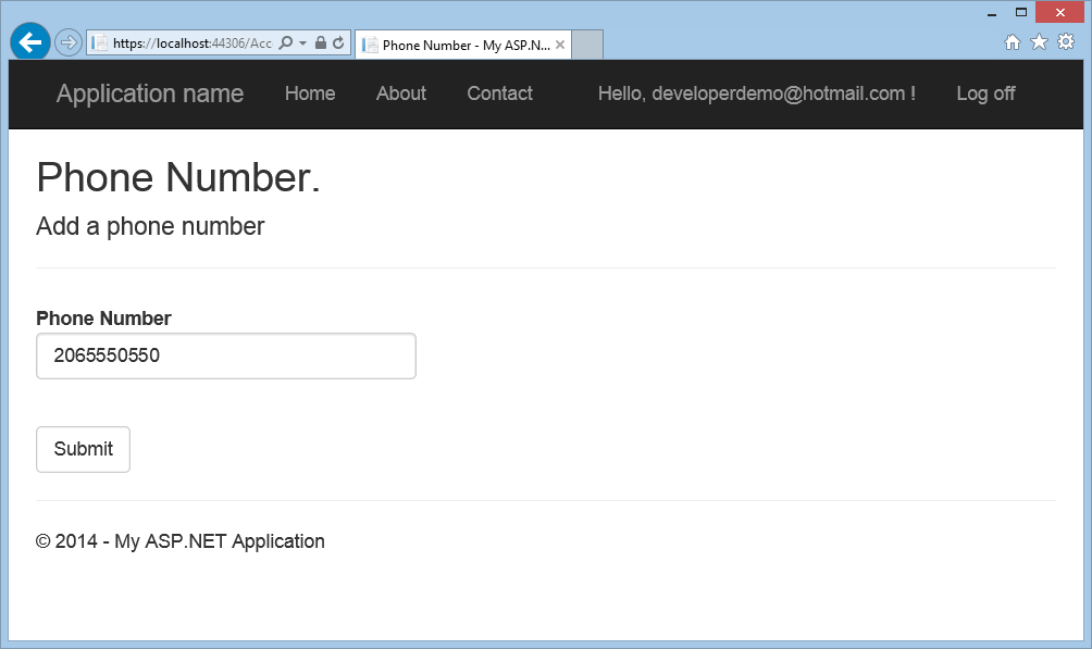 “电话号码”浏览器窗口的截图,显示“电话号码”字段中的输入值和“提交”按钮。