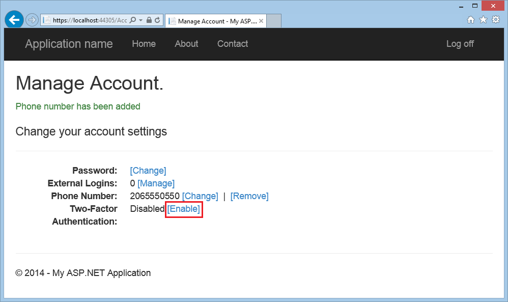 “管理帐户”浏览器窗口的屏幕截图,其中显示了“启用”链接,其中突出显示了红色 Two-Factor 身份验证。
