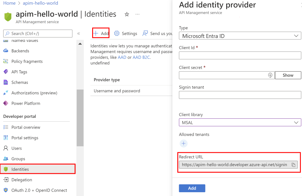 门户中Microsoft Entra ID 标识提供者配置的屏幕截图。