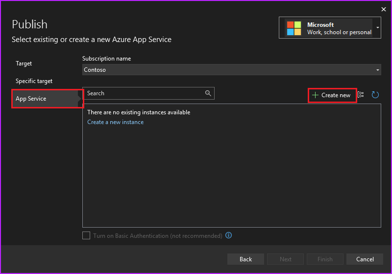 屏幕截图显示“发布”窗格中为应用服务选择“新建”。