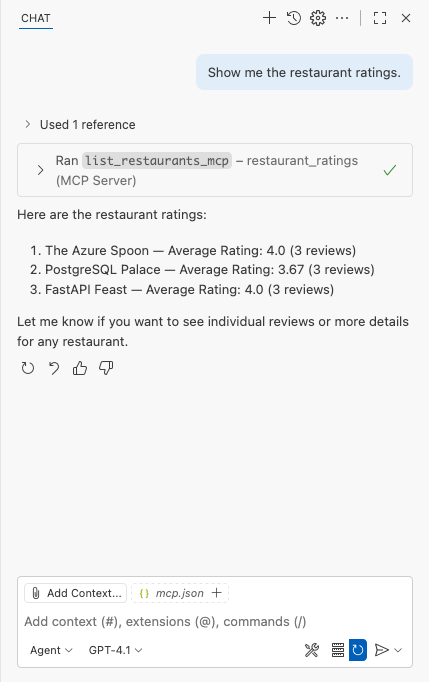 显示 GitHub Copilot Chat 窗口中 MCP 工具调用响应的屏幕截图。