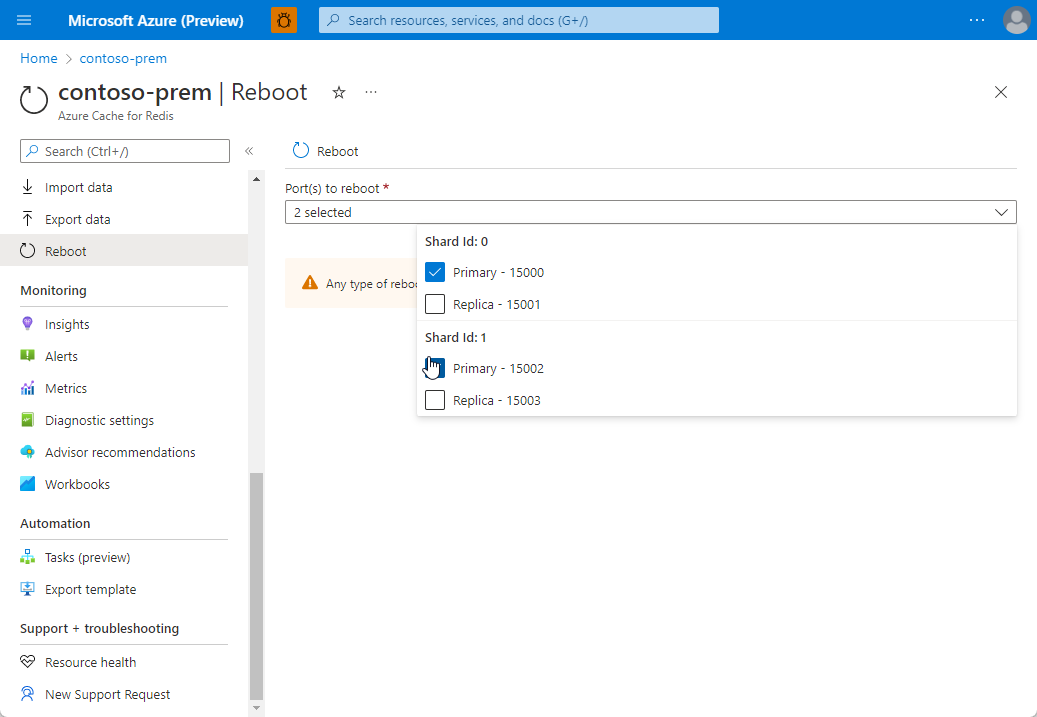 显示在何处选择要重启的缓存分片的屏幕截图。