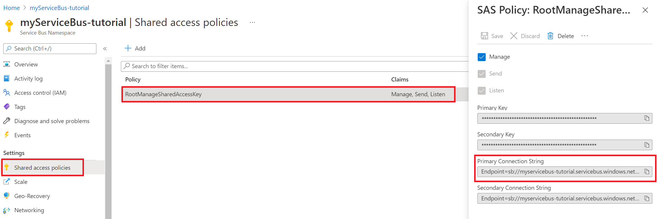 显示如何获取服务总线连接字符串的屏幕截图。