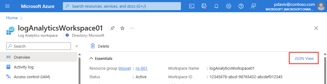 显示资源的概述页的屏幕截图,其中突出显示了 JSON 视图链接。