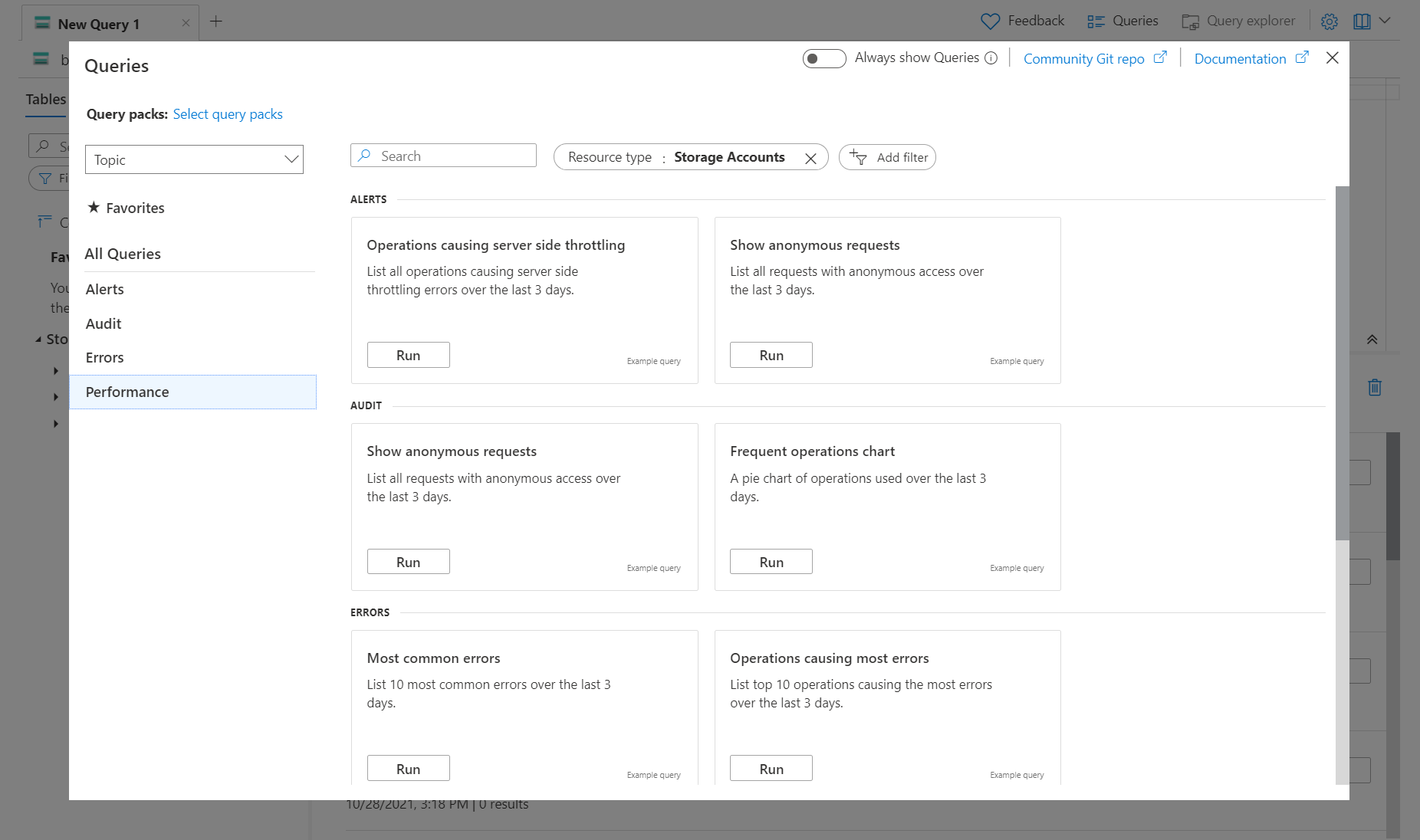 显示使用资源日志的示例查询的屏幕截图。