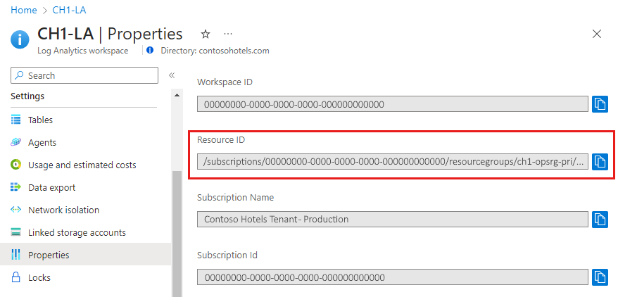 显示工作区资源 ID 的屏幕截图。