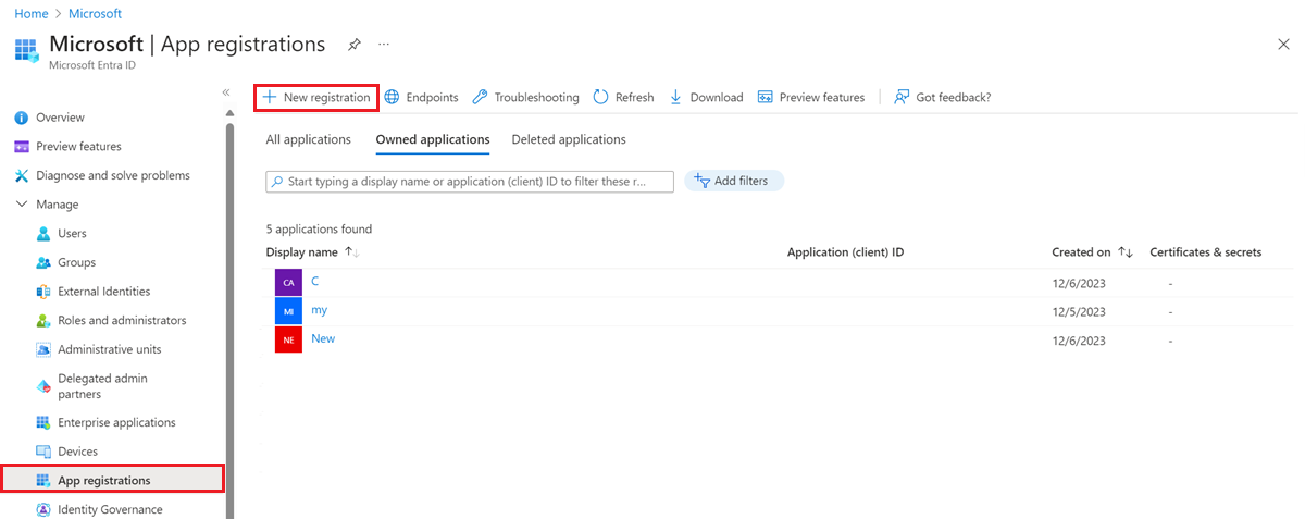 显示“应用注册”屏幕的屏幕截图。
