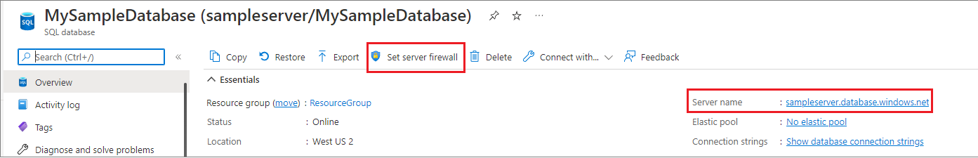屏幕截图显示了复制服务器名称的位置,并在工具栏上设置服务器防火墙。
