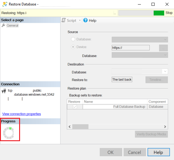 “还原”向导中页面的屏幕截图。将调用进度指示器。