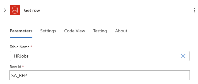 显示包含表名称和行 ID 的“获取行”操作的屏幕截图。