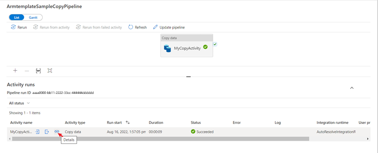 屏幕截图显示了用于监视数据工厂的选项卡上复制活动的运行结果。