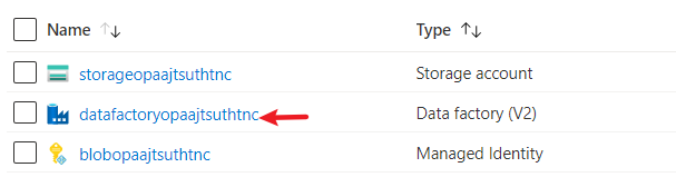 为演示创建的资源组内容的屏幕截图，其中突出显示了数据工厂。