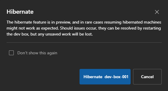 开发人员门户的屏幕截图，其中显示了用于休眠开发箱的确认对话框。