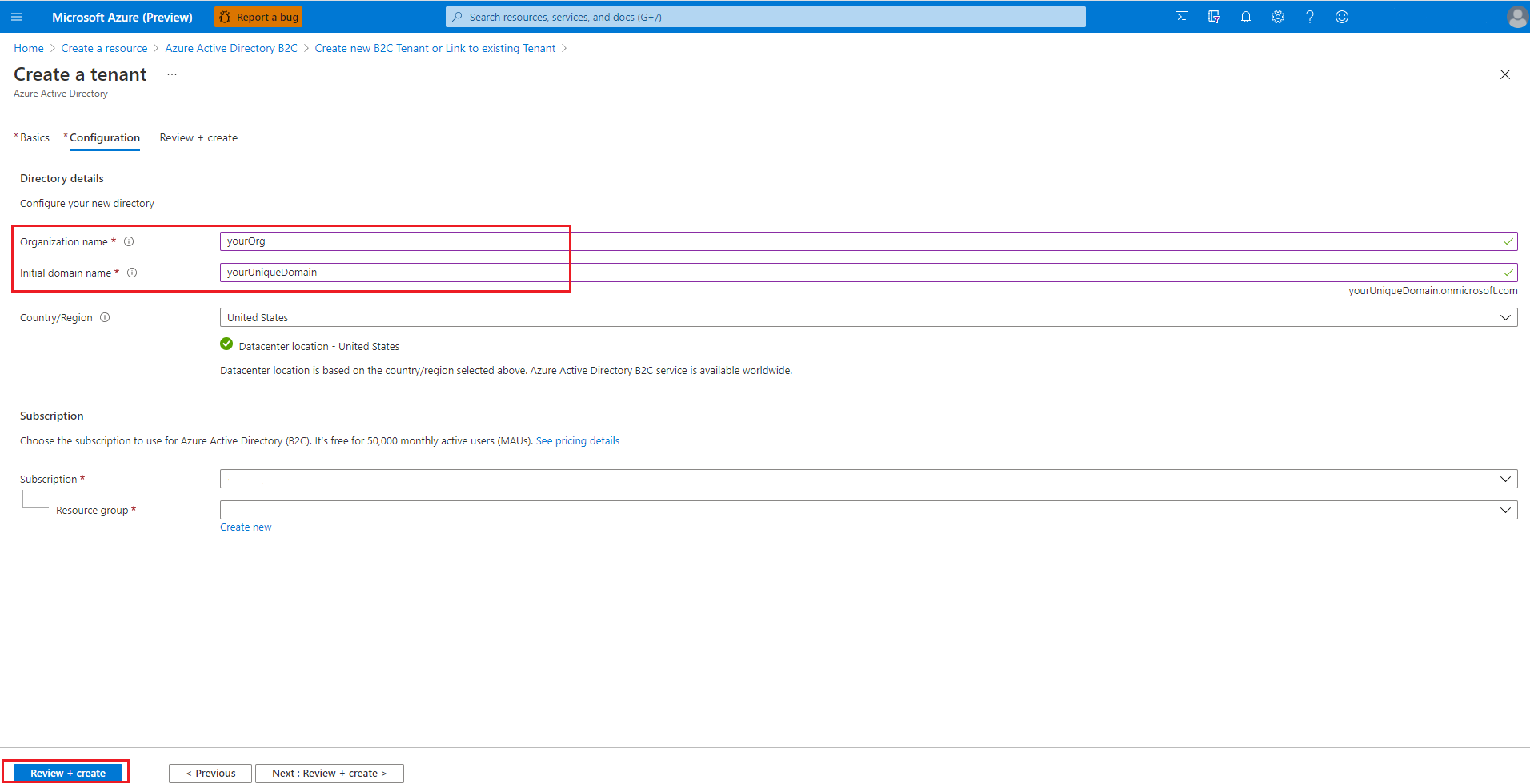 Azure AD B2C 创建租户屏幕。