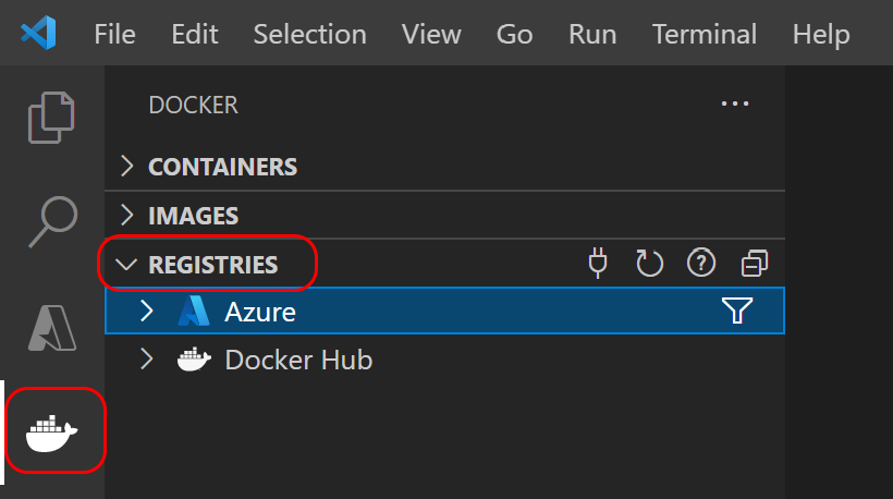 显示如何在 Visual Studio Code 中检查 Azure 是否已登录到 Docker 扩展的屏幕截图。