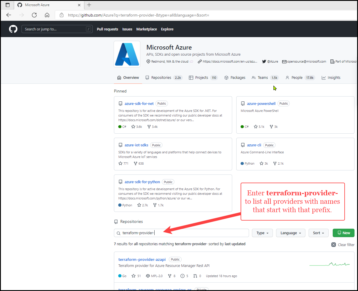 通过搜索前缀“terraform-provider-”，查找 Terraform 提供程序 GitHub 存储库