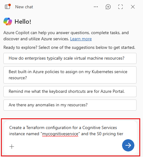 示例 Azure Copilot 提示符的屏幕截图。