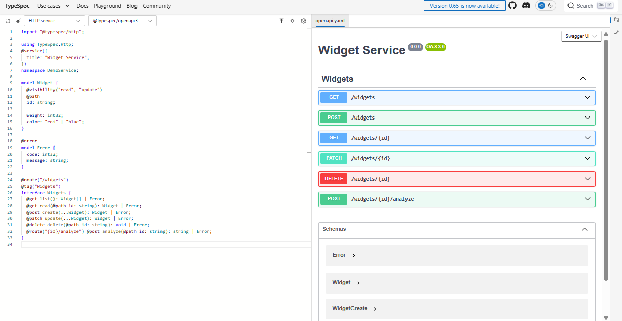 TypeSpec 操场的屏幕截图，其中的示例 HTTP 服务将数据发出到 Swagger UI。