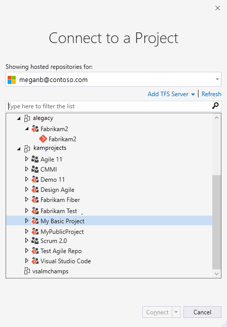 2017 年“连接到项目”对话框的屏幕截图。