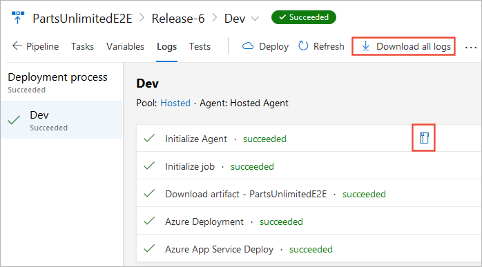 显示经典发布管道中的部署日志的屏幕截图。