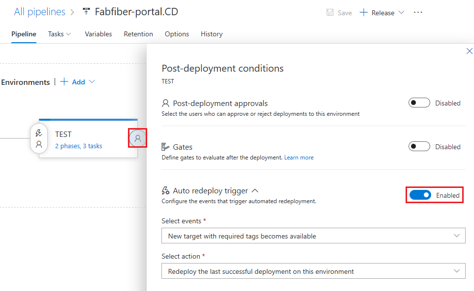 显示如何启用自动重新部署触发器的屏幕截图。