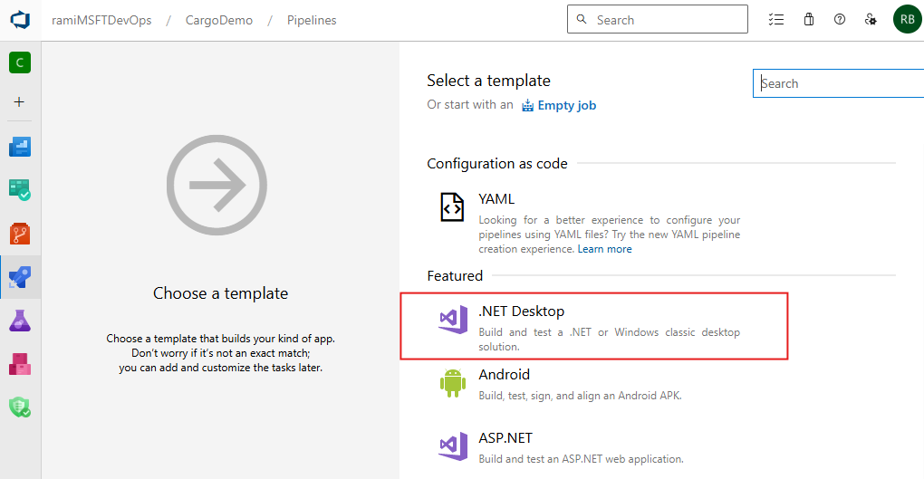 显示经典管道模板的屏幕截图。