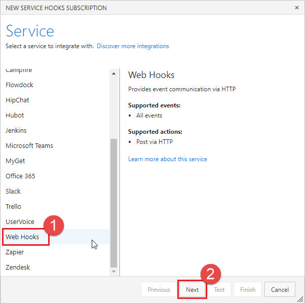 显示从服务列表中选择 Web Hook 的屏幕截图。