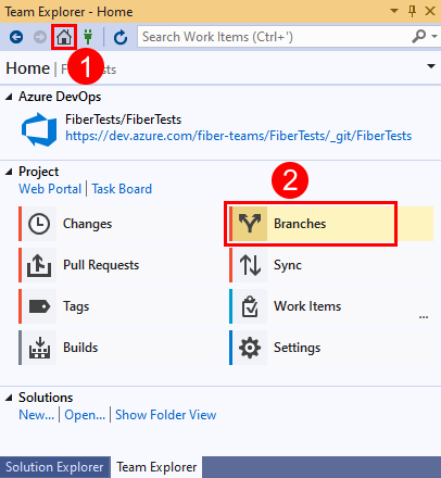 Visual Studio 2019 团队资源管理器中“分支”选项的屏幕截图。