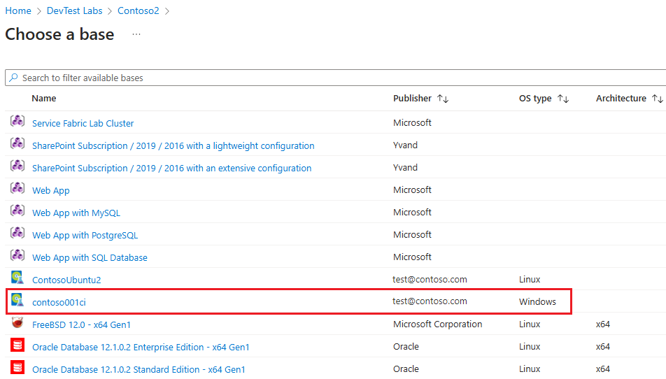 一个屏幕截图，其中显示了 VM 基础映像列表中可用的自定义映像。