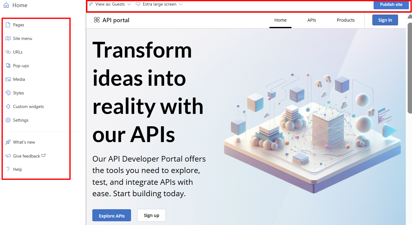 开发人员门户中视觉编辑器的屏幕截图。