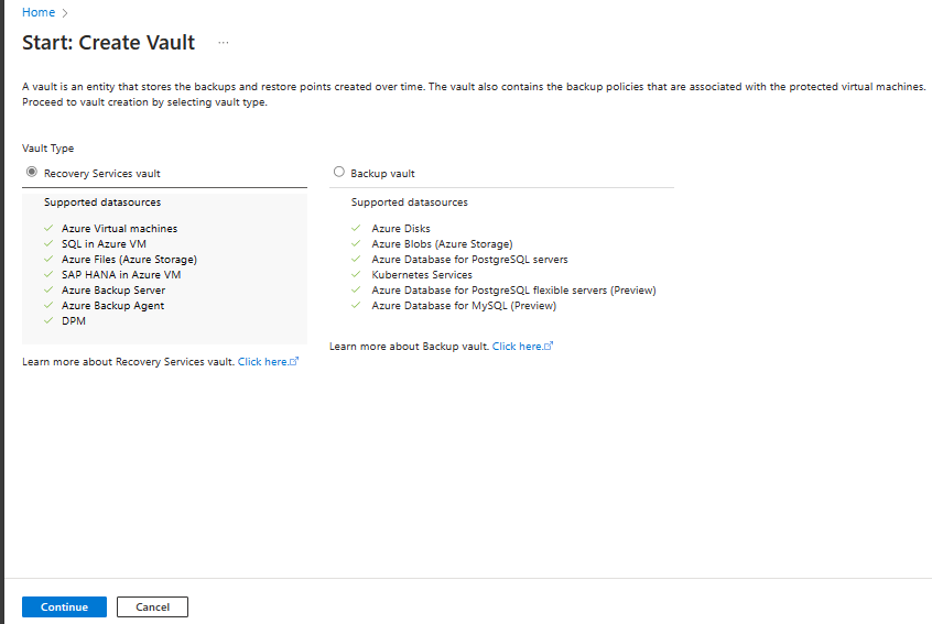 屏幕截图显示了在何处选择恢复服务作为保管库类型。