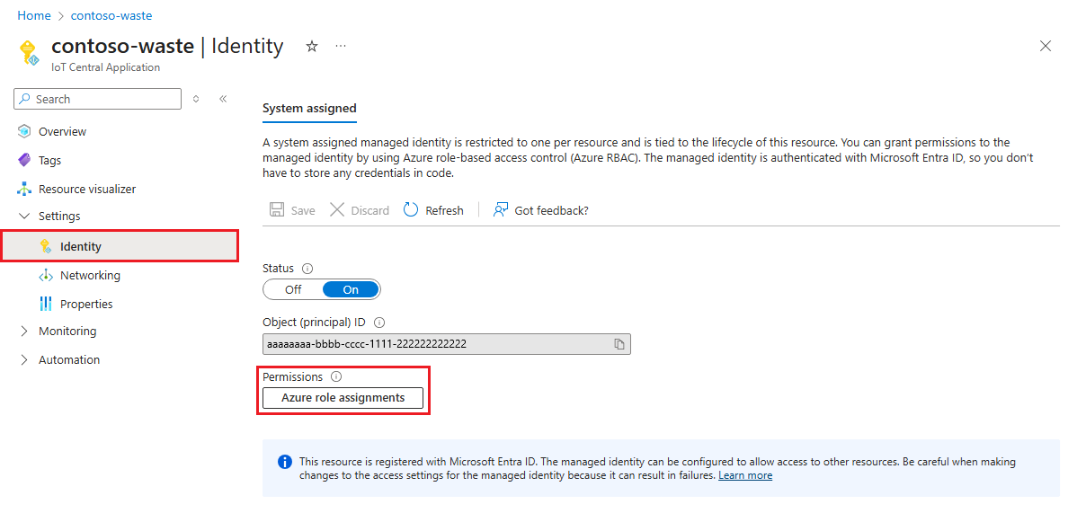 Azure 门户中 IoT Central 应用程序的标识页的屏幕截图。