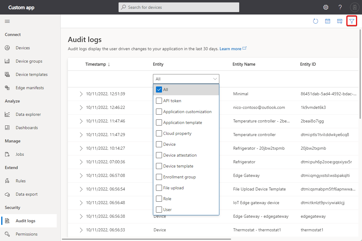 显示如何筛选日志以仅显示用户实体更新的屏幕截图。