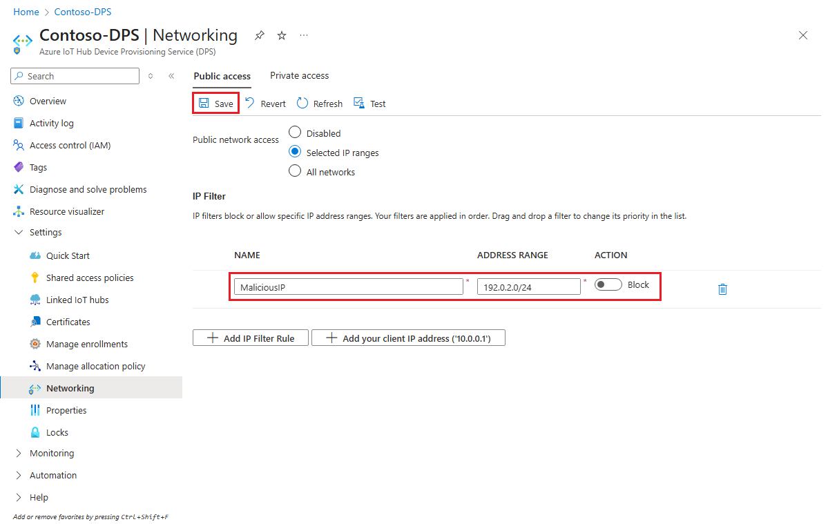 显示如何在 Azure 门户中为 IoT DPS 实例定义和保存 IP 筛选器规则的屏幕截图。