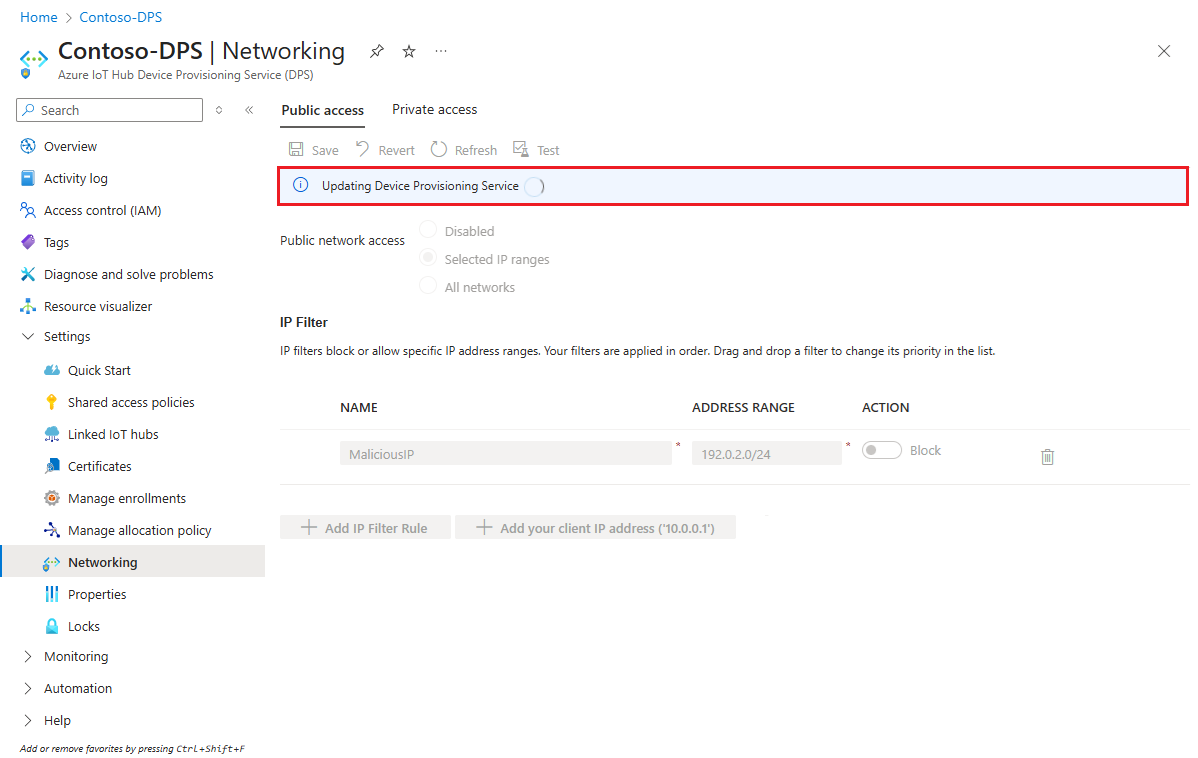 显示在 Azure 门户中保存 IP 筛选器规则时显示的通知的屏幕截图。